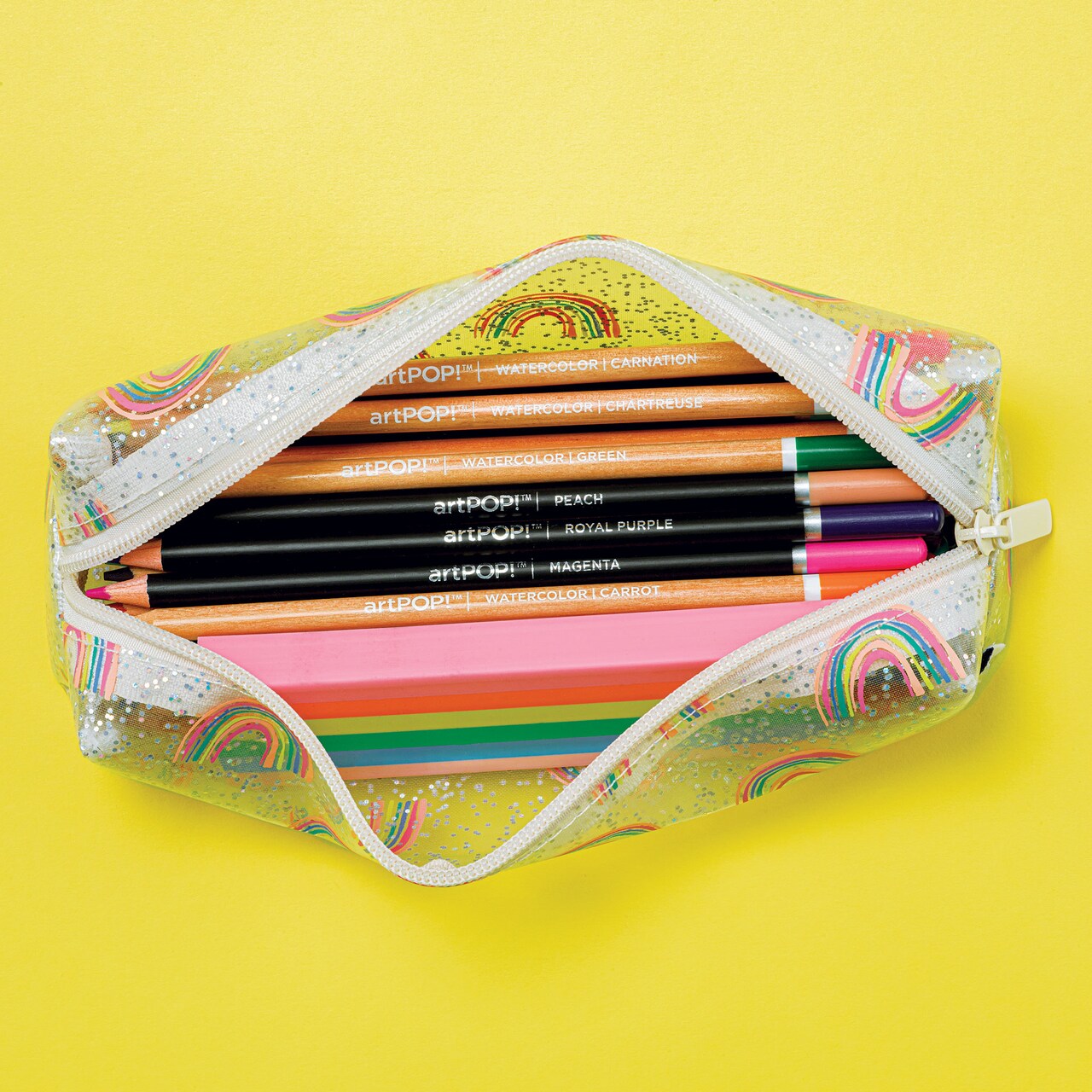 artPOP! Rainbow Pencil Case, Clear Glitter Soft Pen Pouch with Zipper Closure, 7.8 x 2.1 Inches Portable Round Pencil Bag for Pens, Marker, Travel